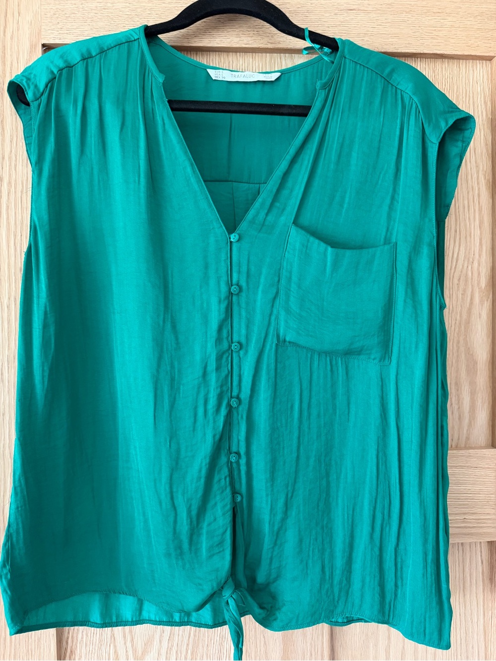 Zara Trafaluc Green Button-Front Tie-Hem Women's Blouse